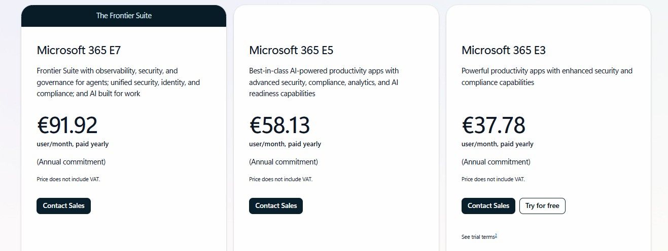 tarifs Microsoft Entreprise